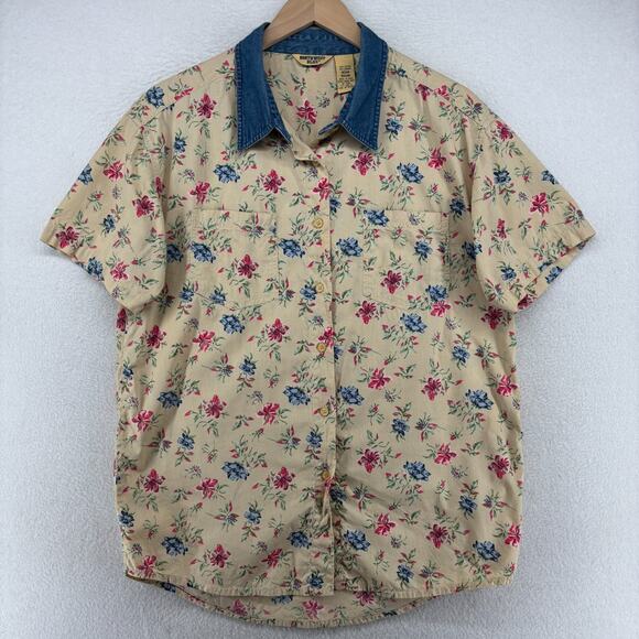 NORTHWEST BLUE Shirt Womens M Floral Denim Trim Button Up Cotton Beige VTG - Picture 1 of 11